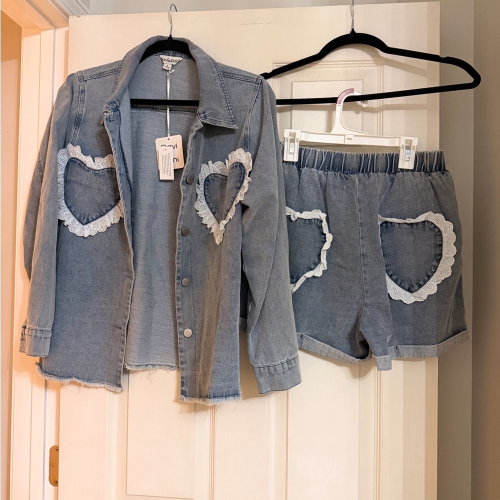 NWT Denim Jacket and Shorts Set with Heart Pockets